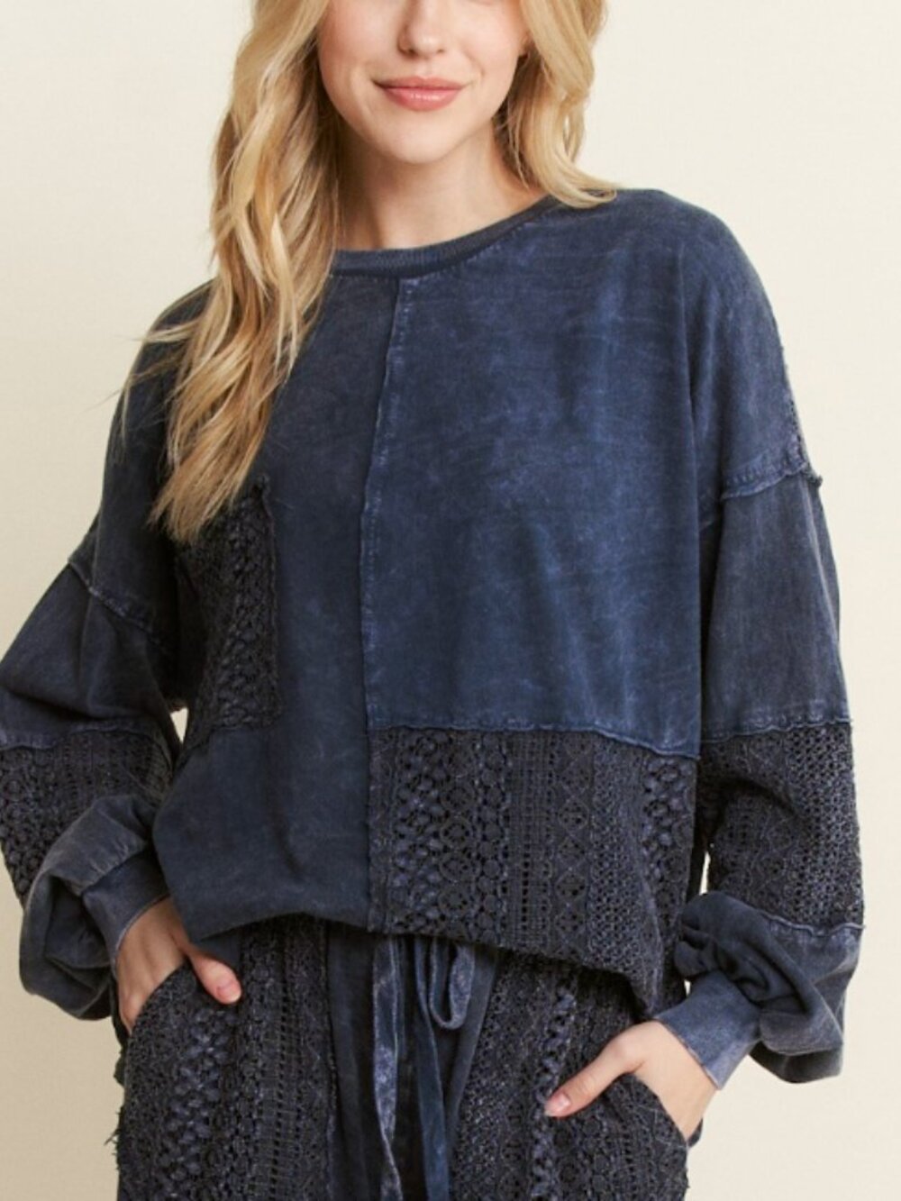 #151  COTTON JHER NAVY LACE LONG SLEEVE TOP